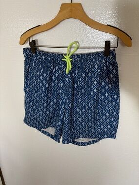 Men's Blue Patterned Drawstring Seimwear Shorts with Neon Tie Size Medium